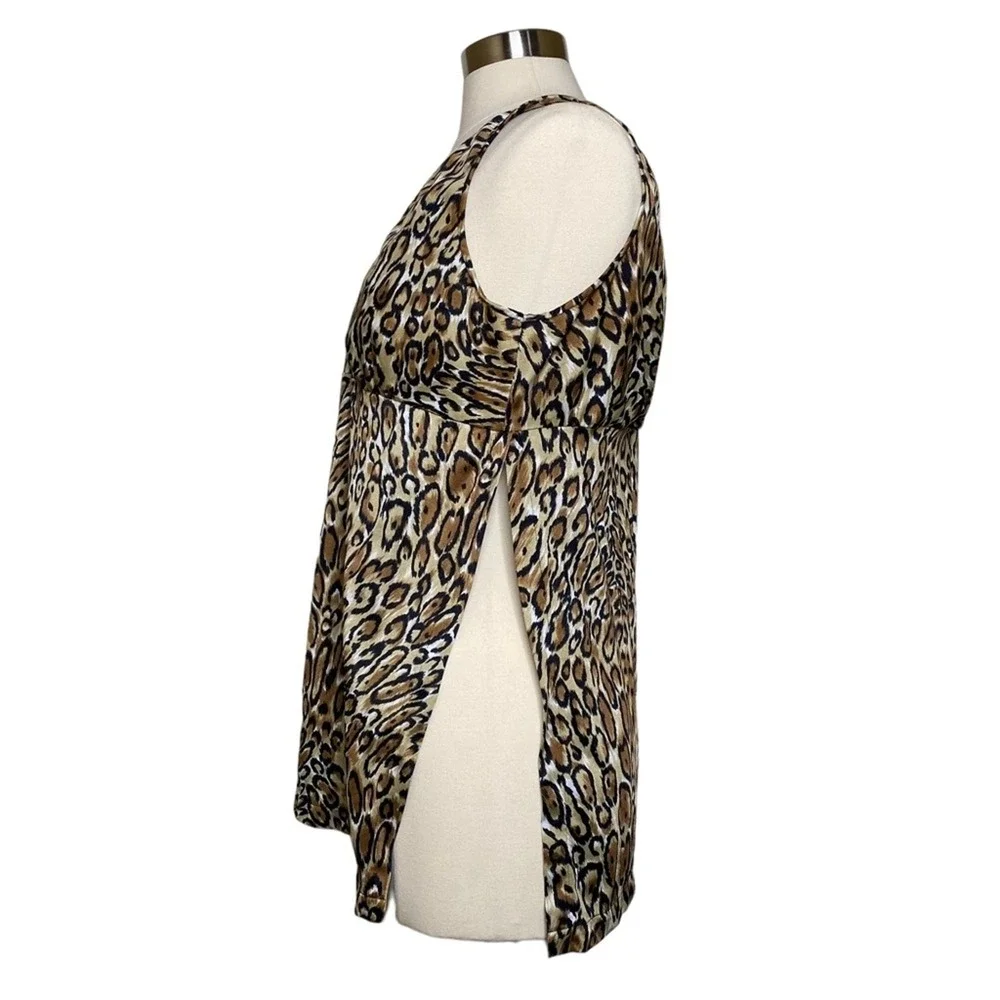 Vintage Leopard Print Nylon‎ Chemise Top Tank with Side Slits Women's Medium